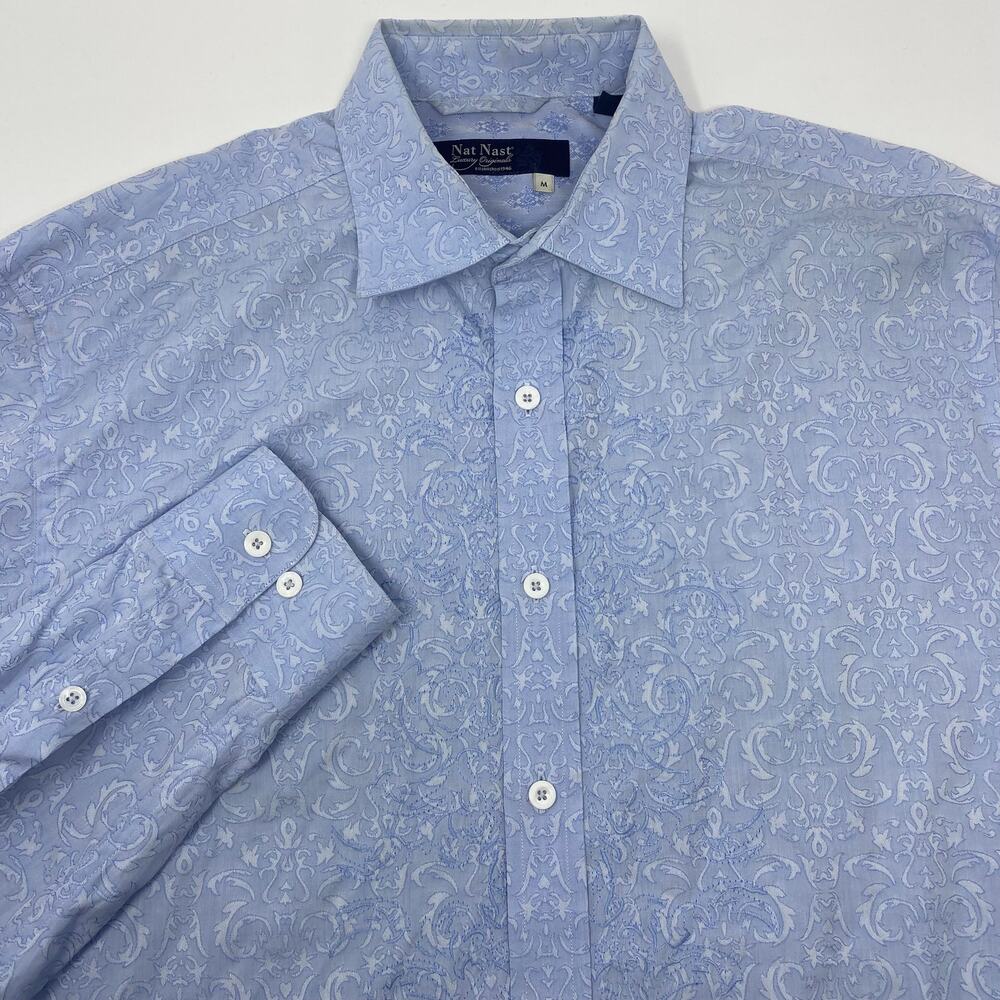 Nat Nast Mens Medium Light Blue Patterned Long Sleeve Button Up Shirt